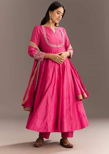 Pink Chanderi Anarkali With Gotta Moti Neckline And Lace Dupatta