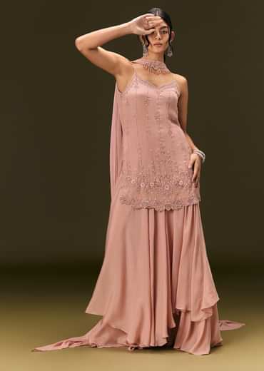 Dusty Pink Chinon Embroidered Kurti With Flared Pant And Choker Dupatta