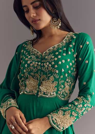 Green Russian Silk Front Slit Kurta Dupatta Set With Beaded Embroidery