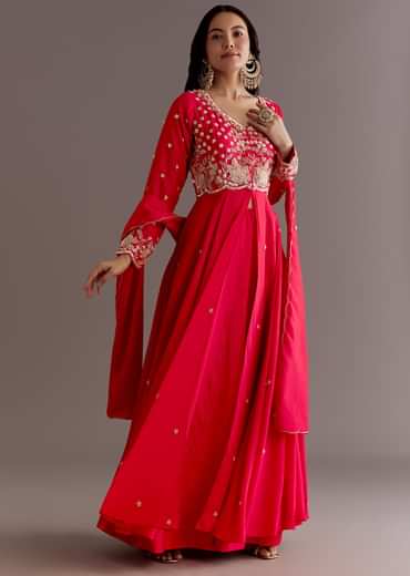 Red Russian Silk Front Slit Cutdana Beaded Kurta Set With Dupatta