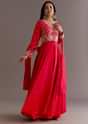 Red Russian Silk Front Slit Cutdana Beaded Kurta Set With Dupatta