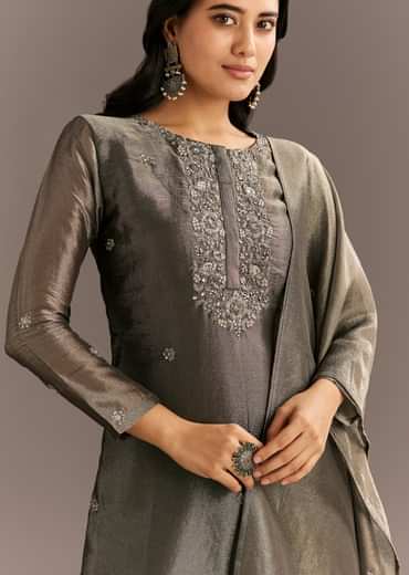Dark Grey Tissue Kurta Pant Set With Butti Dupatta