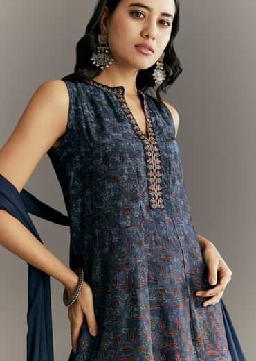 Dark Blue Silk Printed Kurta Palazzo With Gotta Lace Dupatta