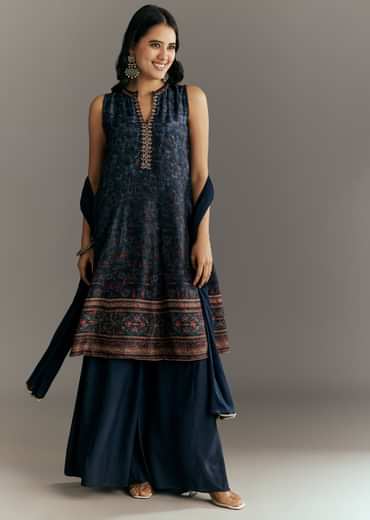 Dark Blue Silk Printed Kurta Palazzo With Gotta Lace Dupatta
