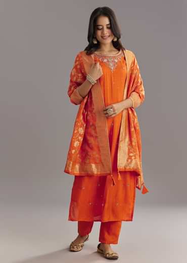 Orange Viscose Silk Kurta Set With Moti Beads and Cut Dana Detailing