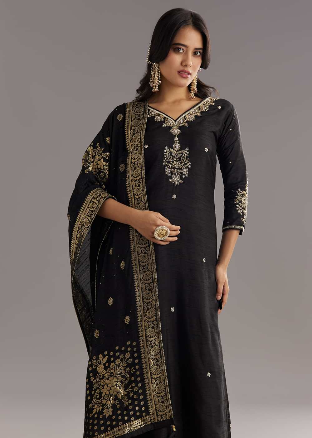 Black Viscose Silk Kurta Set With Zari Moti and Cut Dana Work