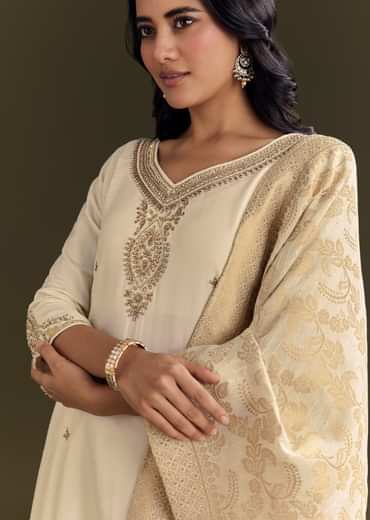 Cream Silk Embroidered Kurta Pant With Banarasi Dupatta