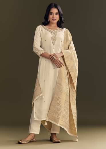 Cream Silk Embroidered Kurta Pant With Banarasi Dupatta