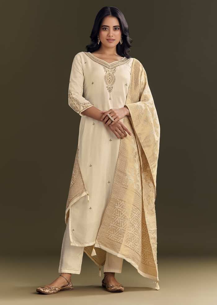 Cream Silk Embroidered Kurta Pant With Banarasi Dupatta