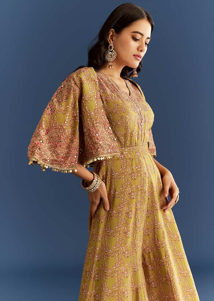 Mehendi Green Crepe Printed Jumpsuit With Mirror Sequins Work Cape And Belt