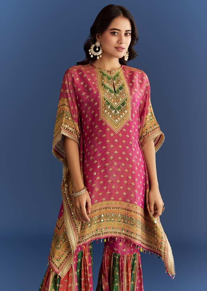 Pink Tissue Mirror Stone Embroidered Kurta With Printed Sharara