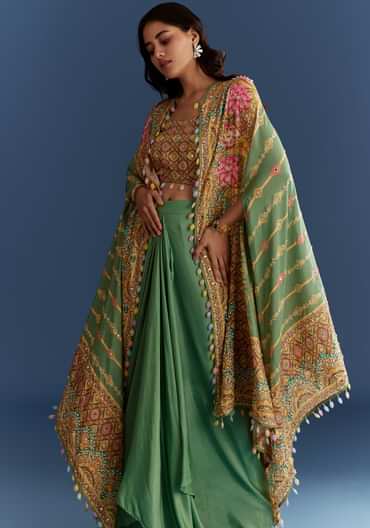 Light Aqua Green Cotton Muslin Printed Croptop Cape Suit