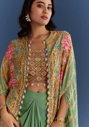 Light Aqua Green Cotton Muslin Printed Croptop Cape Suit