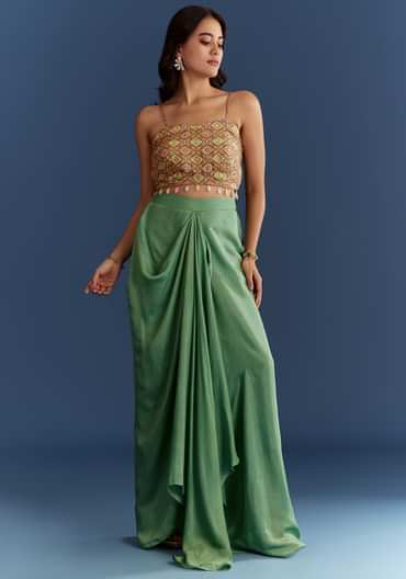 Light Aqua Green Cotton Muslin Printed Croptop Cape Suit