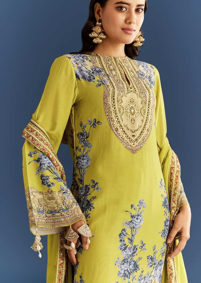 Light Lime Green Cotton Muslin Kurta Palazzo Suit With Chinon Dupatta