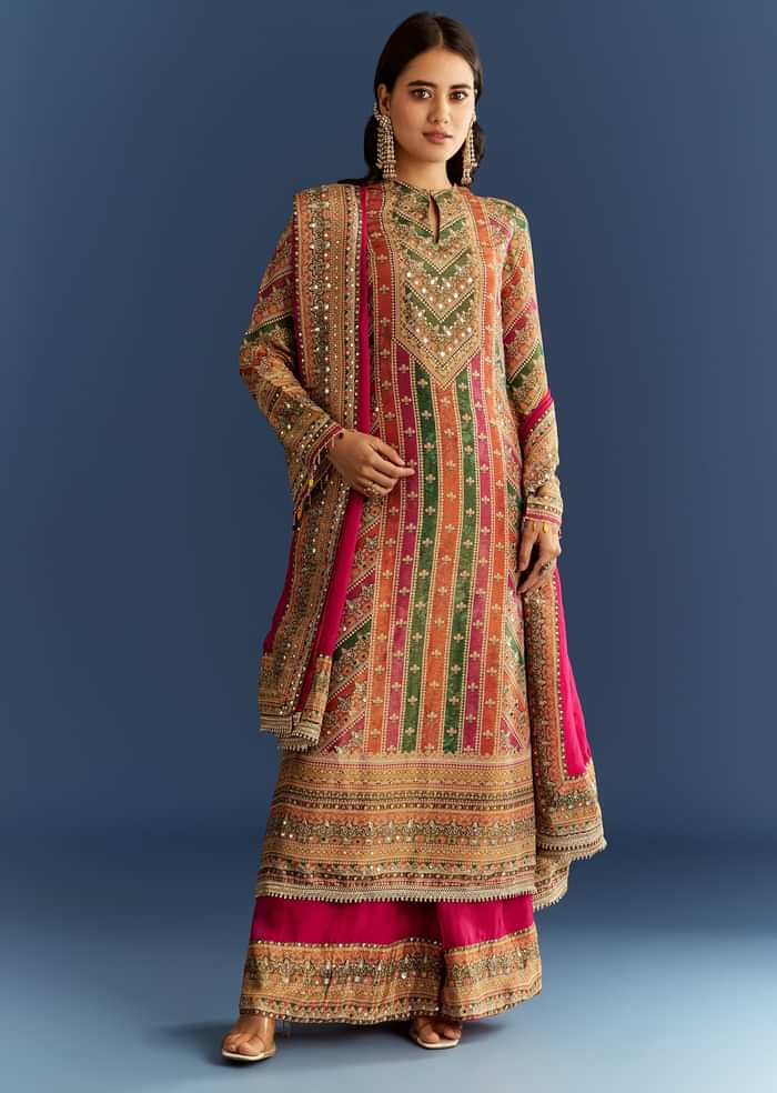 Pink Tissue Kurta With Organza Palazzo And Dupatta