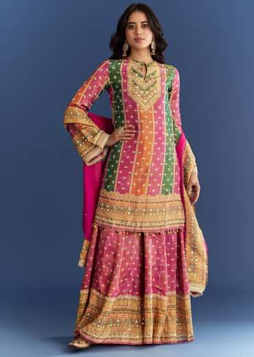 Pink Tissue Kurta With Printed Palazzo And Organza Dupatta
