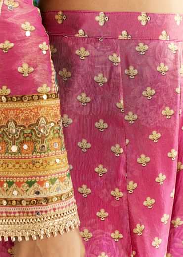 Pink Tissue Kurta With Printed Palazzo And Organza Dupatta