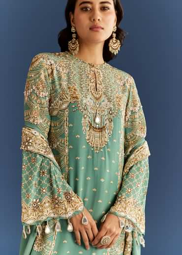 Light Aqua Green Crepe Printed Kurta Palazzo With Dupatta