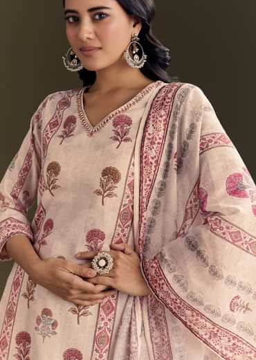 Beige Cotton Block Print Kurta Set With Printed Dupatta