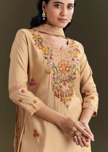 Beige Modal Threadwork Kurta Pant With Resham Organza Dupatta
