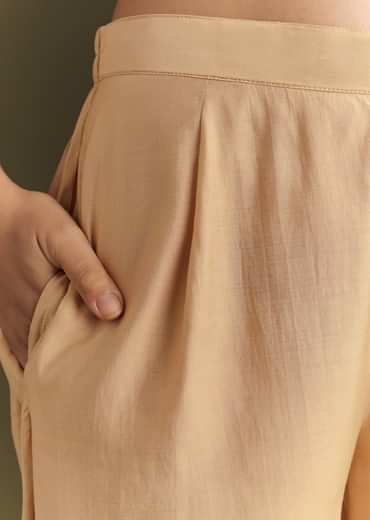 Beige Modal Threadwork Kurta Pant With Resham Organza Dupatta