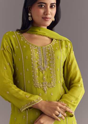 Green Chinon Kurta Set With Cutdana Moti Work Dupatta