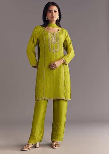 Green Chinon Kurta Set With Cutdana Moti Work Dupatta