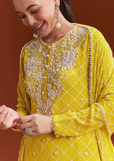 Yellow Printed Chinon Sharara Set With Cut Dana And Sequins