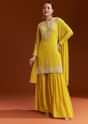 Yellow Printed Chinon Sharara Set With Cut Dana And Sequins