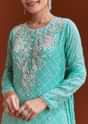 Aqua Blue Printed Chinon Sharara Set With Cut Dana And Sequins