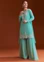 Aqua Blue Printed Chinon Sharara Set With Cut Dana And Sequins