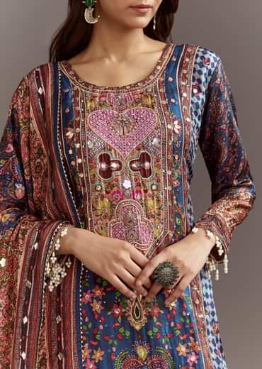 Blue Printed Gotta Lace Sequin Kurta Set With Floral Print Dupatta