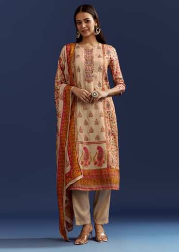 Beige Floral Printed Kurta And Dupatta With Cut Dana And Zardosi Work
