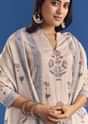 Light Beige Block Print Cotton Kurta Set With Mirror Work