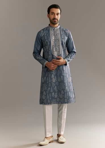 Grey Silk Kurta Set With Thread Work