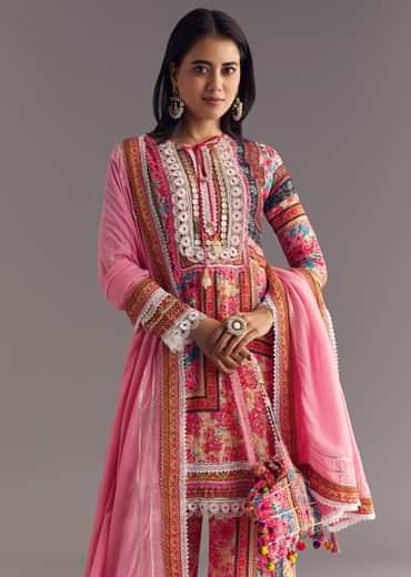 Pink Tabby Silk Floral Print Kurta Palazzo Set With Potli Bag