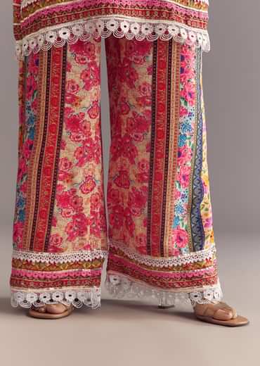 Pink Tabby Silk Floral Print Kurta Palazzo Set With Potli Bag