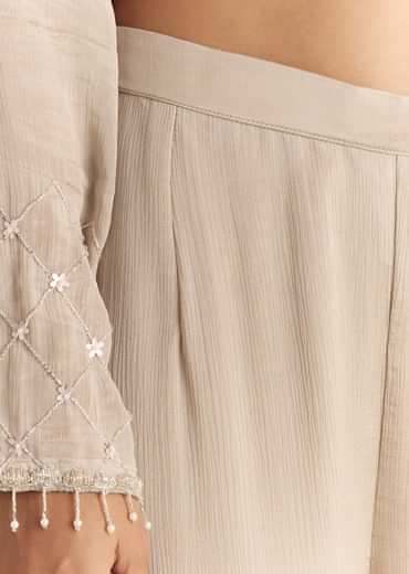 Light Beige Chinon Kurta Palazzo With Scallop Cutdana Dupatta