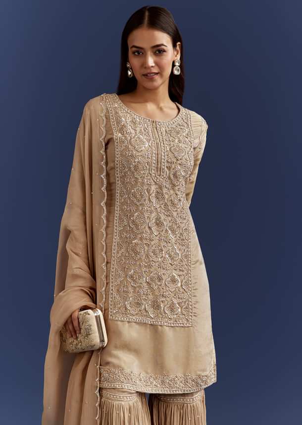 Beige Sequins And Cutdana Kurta With Sharara And Organza Dupatta Beige Sequins And Cutdana Kurta With Sharara And Organza Dupatta