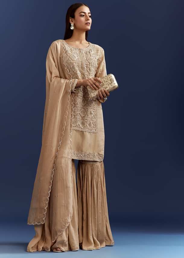 Beige Sequins And Cutdana Kurta With Sharara And Organza Dupatta Beige Sequins And Cutdana Kurta With Sharara And Organza Dupatta