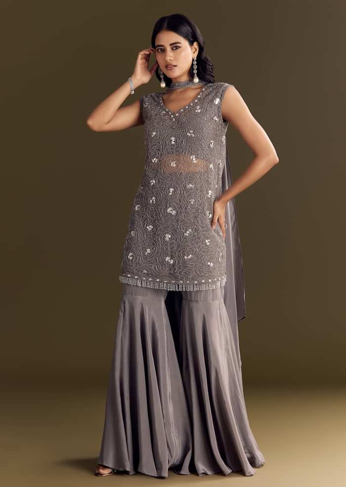 Grey Crepe Kurta Sharara With Net Choker Dupatta