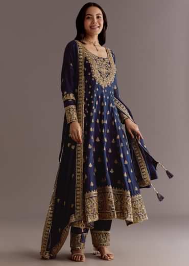 Dark Blue Chinon Zari Embroidered Anarkali Suit With Dupatta