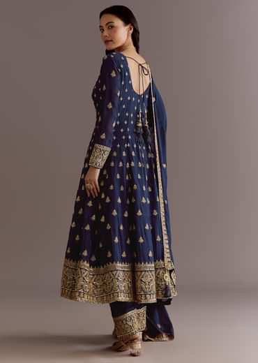 Dark Blue Chinon Zari Embroidered Anarkali Suit With Dupatta