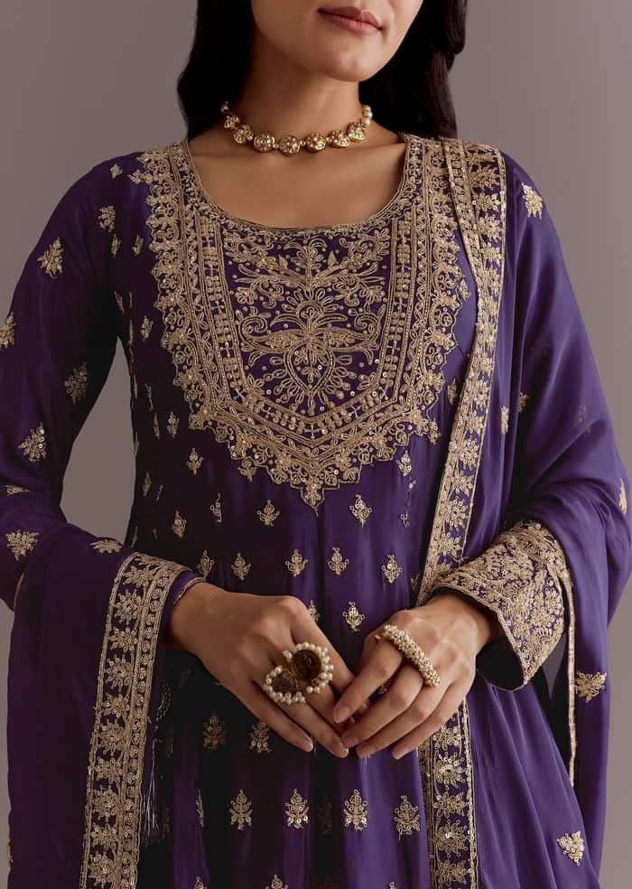 Purple Chinon Anarkali Dupatta Suit With Sequin Work
