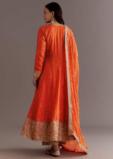Orange Russian Silk Bandhani Anarkali Dupatta Suit