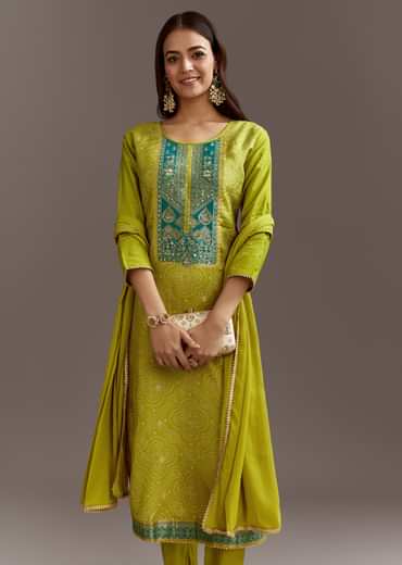 Green Bandhani Dola Silk Kurta Set With Gotta Lace Dupatta