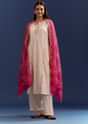 Cream Dola Silk Kurta With Gotta Work And Bandhani Pink Dupatta