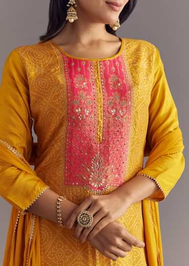 Yellow Bandhani Print Dola Silk Zardosi Kurta Set With Dupatta