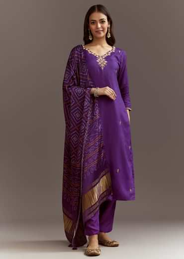Purple Dola Silk Kurta Set With Bandhani Satin Dupatta Purple Dola Silk Kurta Set With Bandhani Satin Dupatta